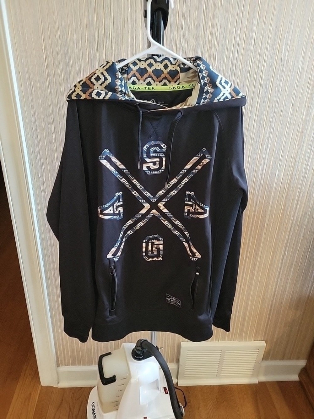 Saga Men’s Black Pullover Hoodie with Aztec Lined Hood Large